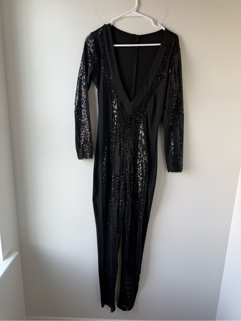 Black Sequin V‑Neck Long Sleeve Jumpsuit